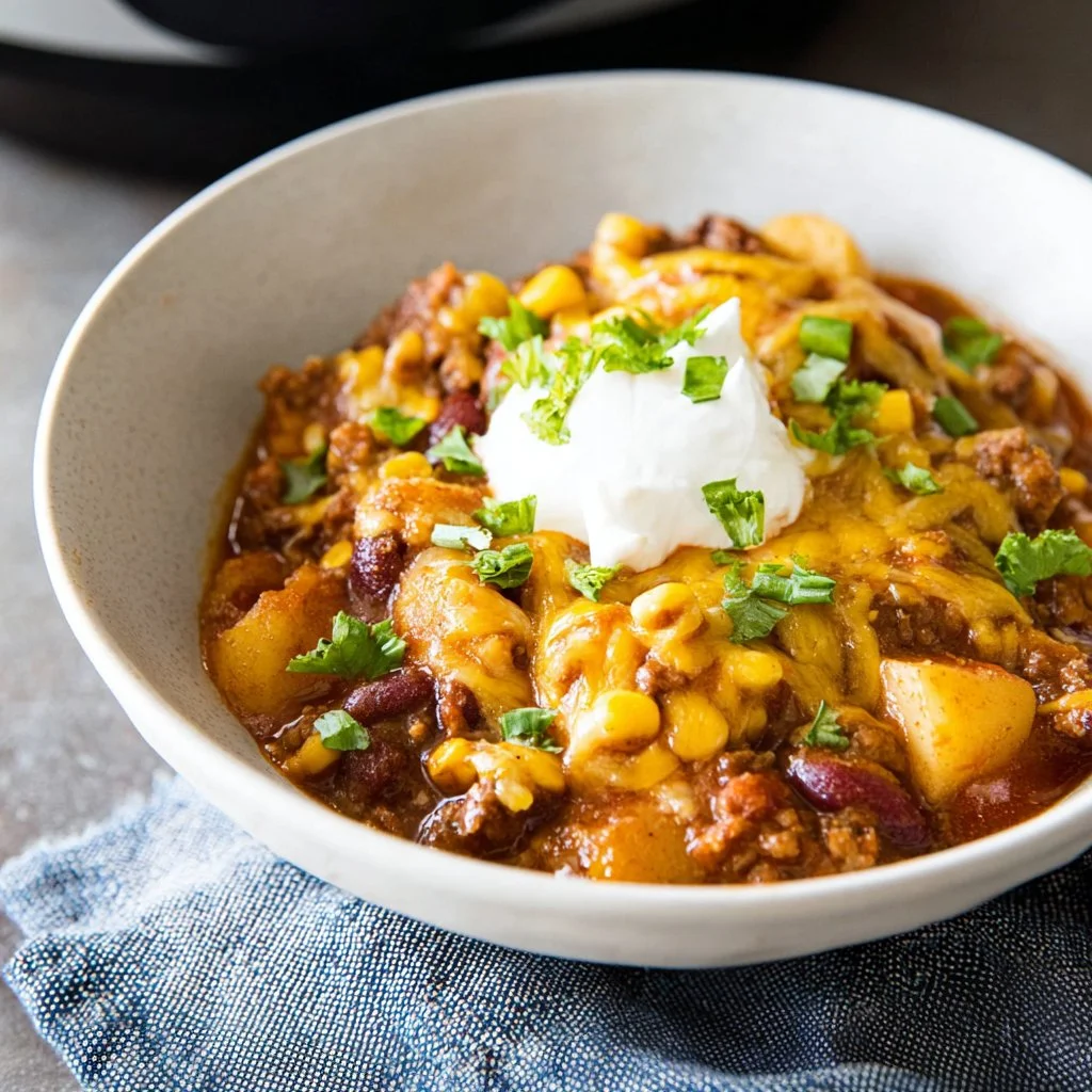 Delicious slow cooker cowboy casserole dish served with toppings.