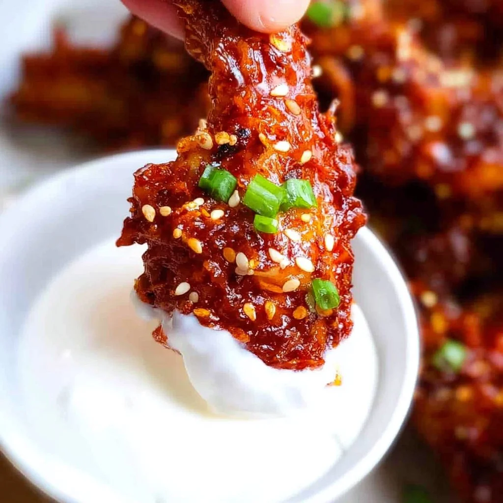 Delicious spicy Korean chicken wings garnished with sesame seeds and green onions