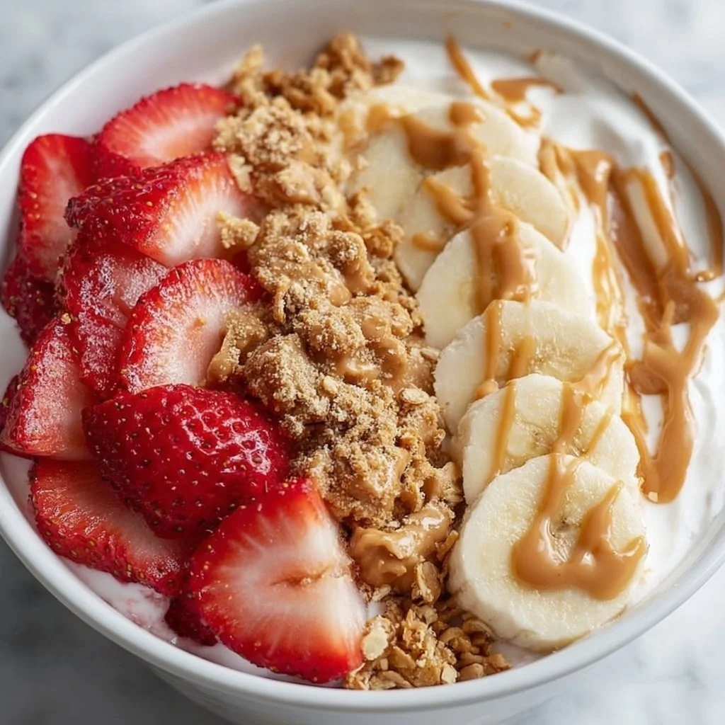 Strawberry Banana Peanut Butter Yogurt Bowl with fresh fruits and nuts