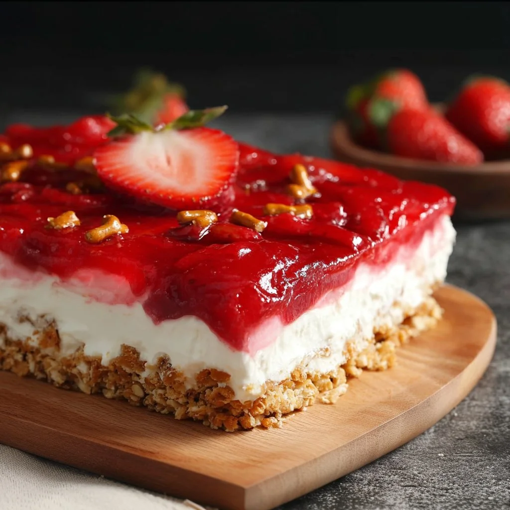 Delicious Strawberry Pretzel Salad with creamy filling and pretzel crust