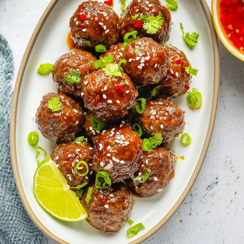 Delicious teriyaki meatballs drizzled with sauce and served with rice.