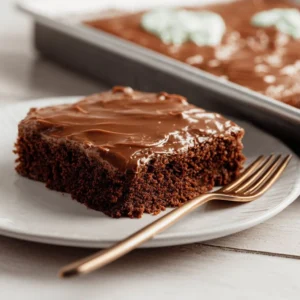 Delicious Texas Sheet Cake ready to be served with chocolate frosting.