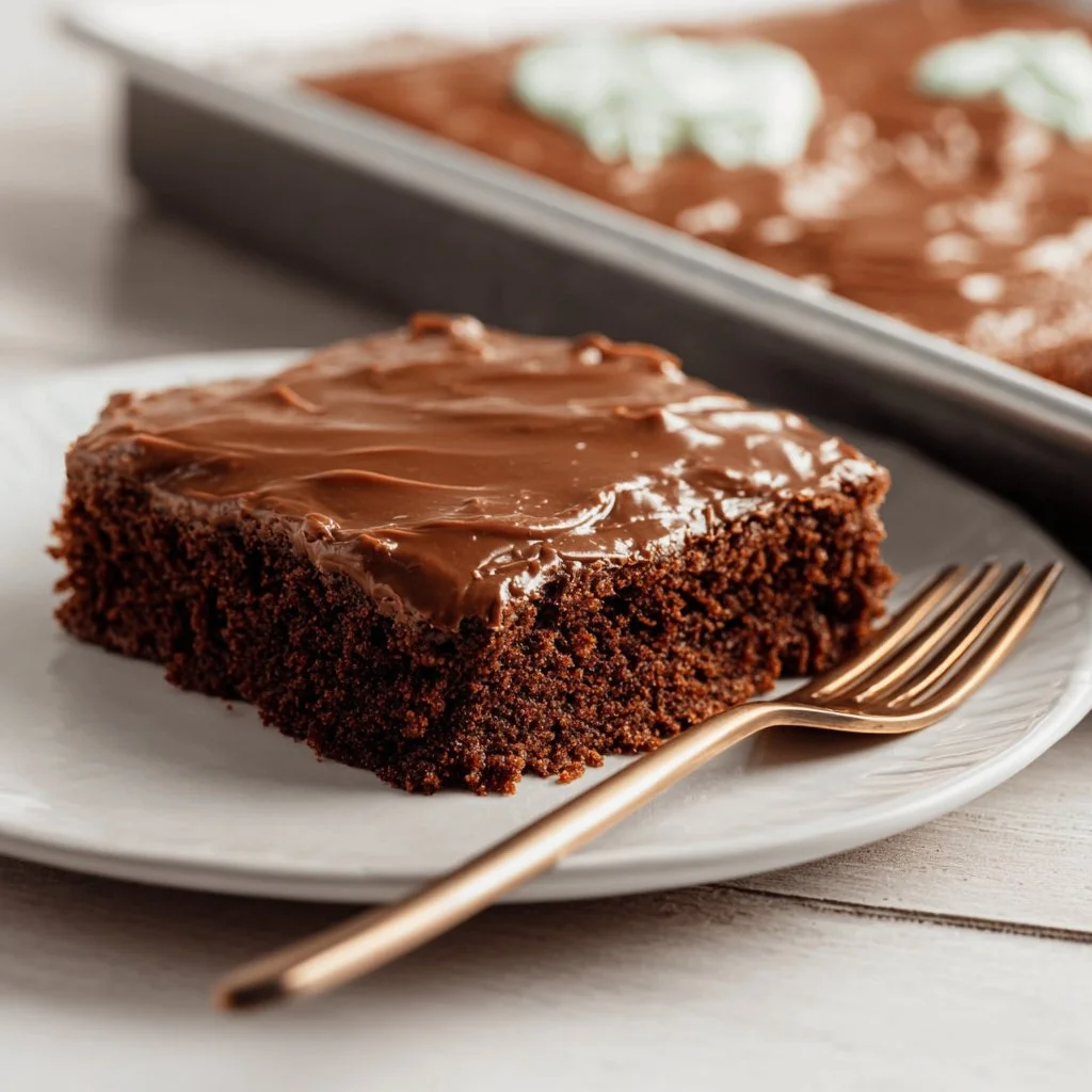 Delicious Texas Sheet Cake ready to be served with chocolate frosting.