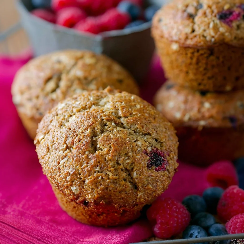 Freshly baked whole wheat bran muffins on a wooden table