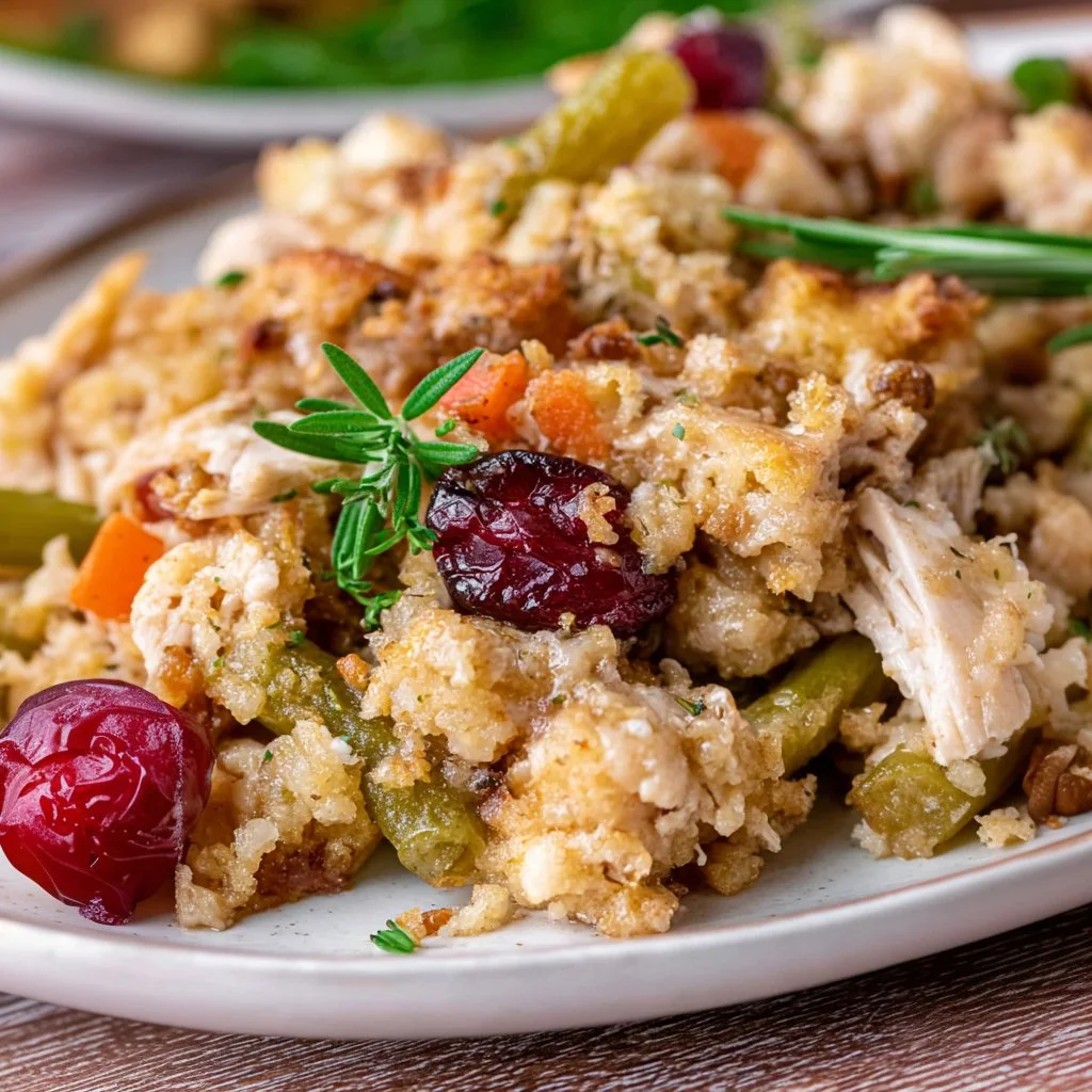Turkey stuffing casserole baked and ready for the holiday meal