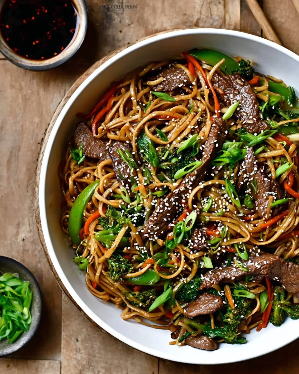 Delicious beef lo mein dish served in a bowl