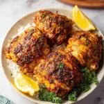 Crispy air fryer chicken thighs served on a plate with garnish