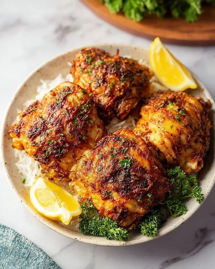 Crispy air fryer chicken thighs served on a plate with garnish