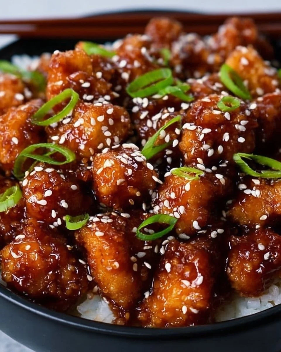 Air Fryer Sesame Chicken served with garnishes