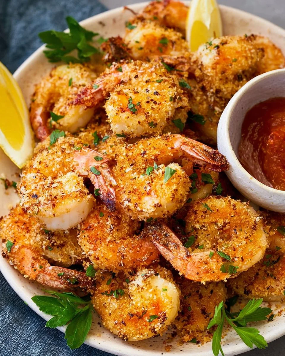 Crispy air fryer shrimp served on a plate with herbs and spices