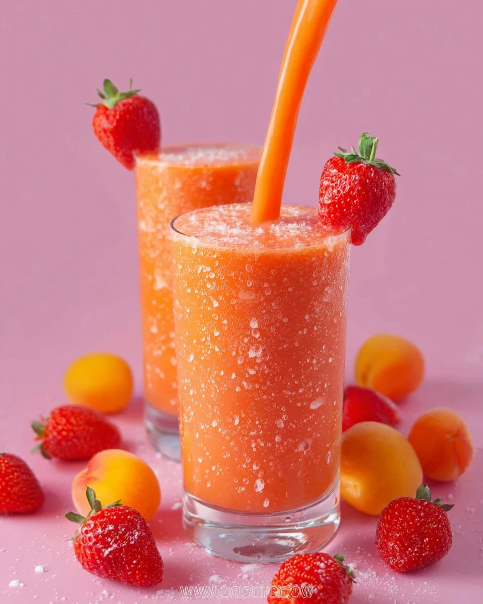 Refreshing apricot strawberry smoothie in a glass with fresh fruit on the side