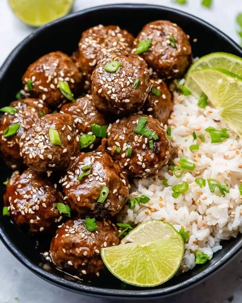 Delicious Asian Honey Sriracha meatballs plated with fresh herbs and chili glaze.