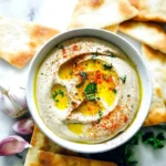 Baba Ganoush dip served with fresh vegetables on a wooden platter