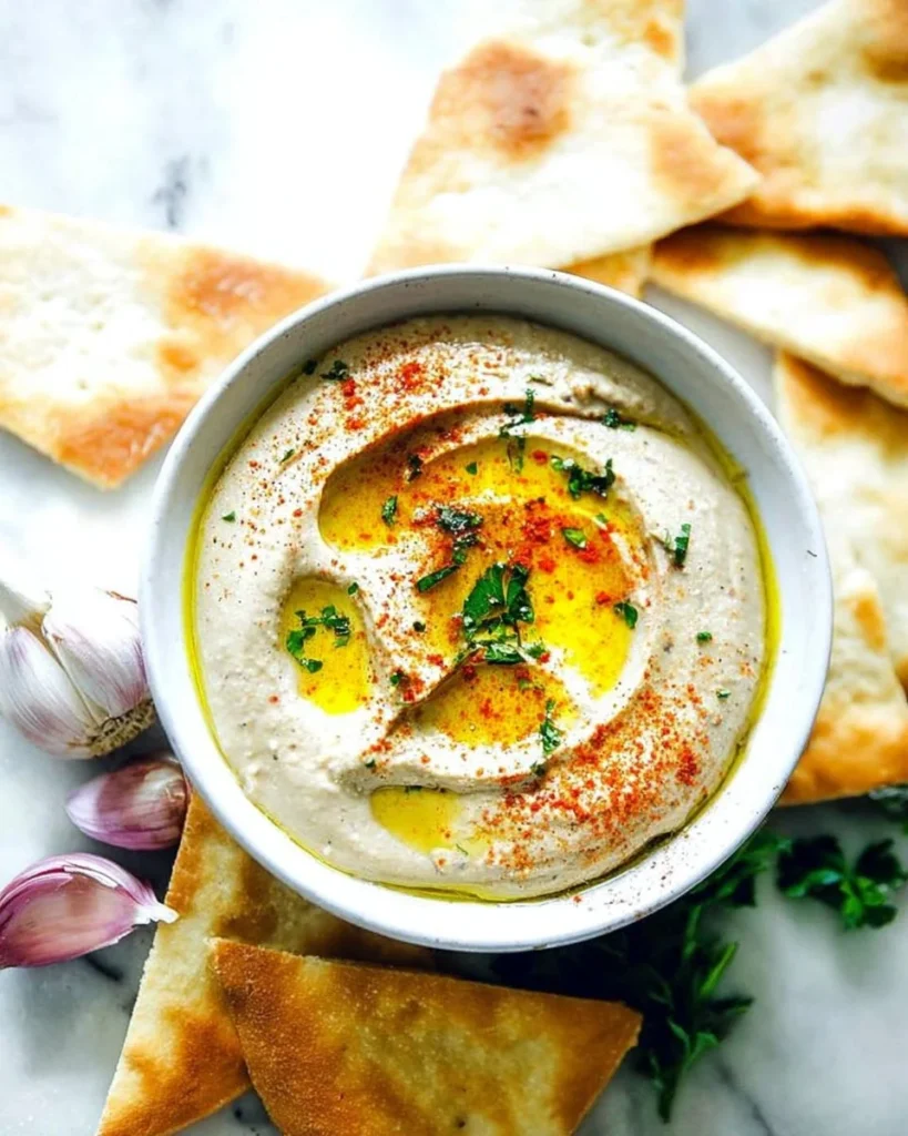 Baba Ganoush dip served with fresh vegetables on a wooden platter