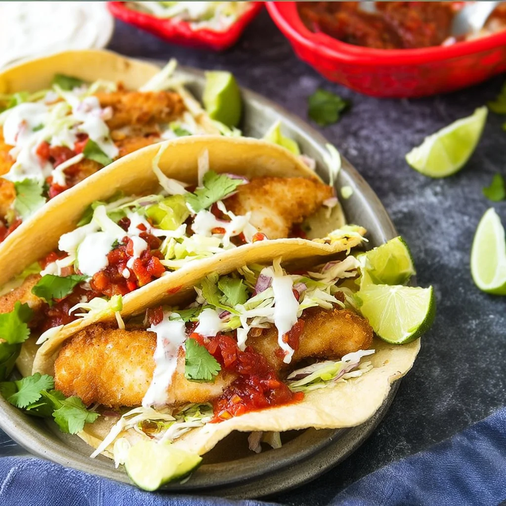 Delicious Baja Fish Tacos served with fresh toppings and lime.