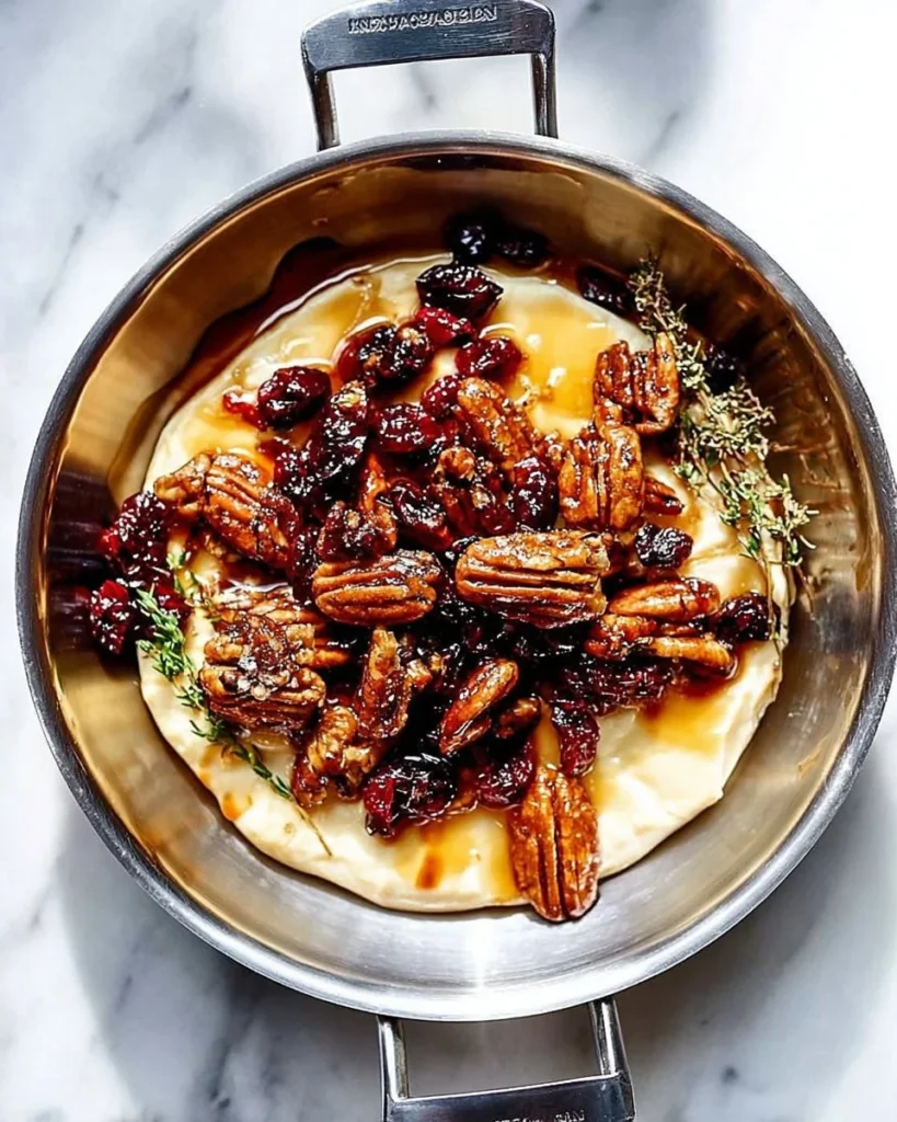Delicious Baked Brie topped with honey and nuts, served with crackers.