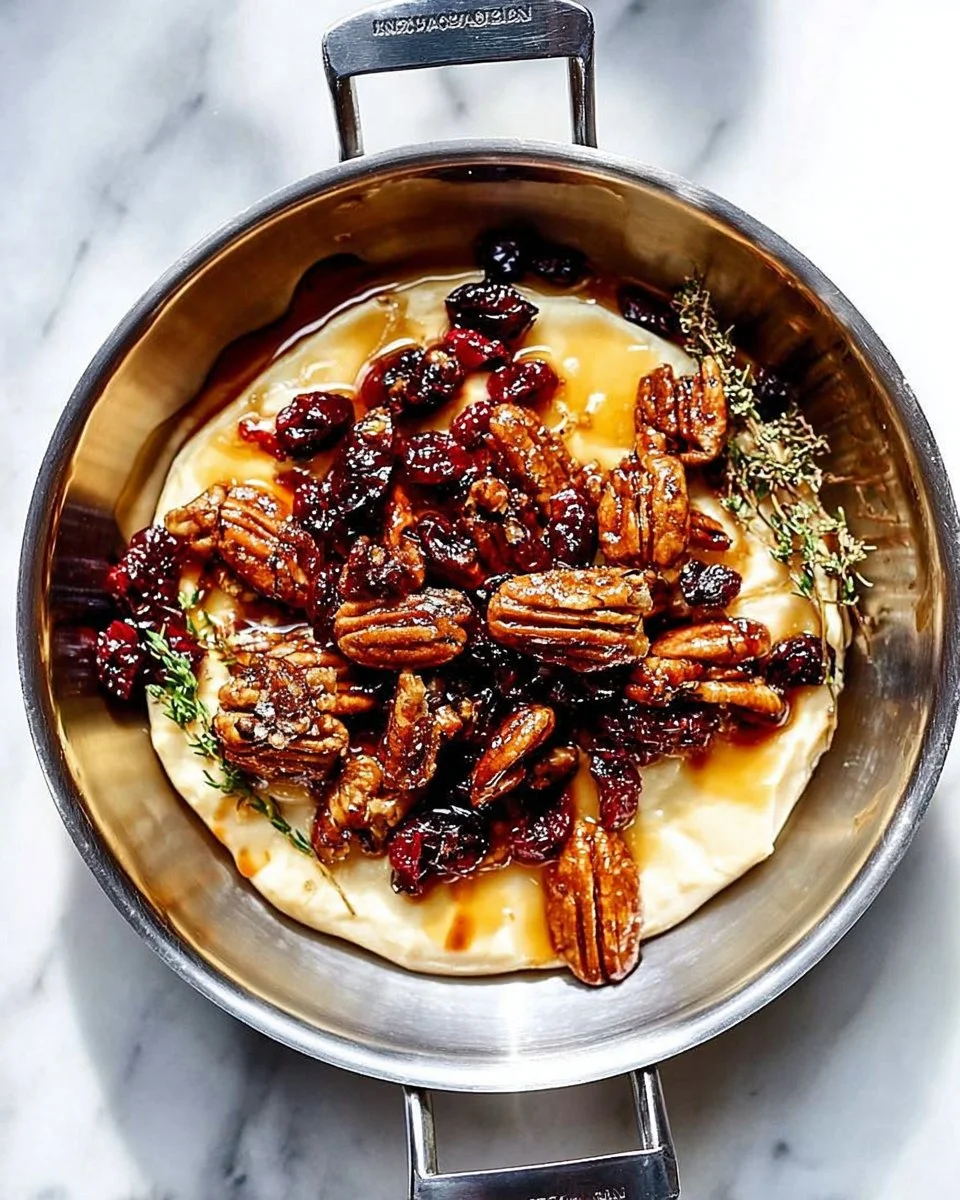 Delicious Baked Brie topped with honey and nuts, served with crackers.