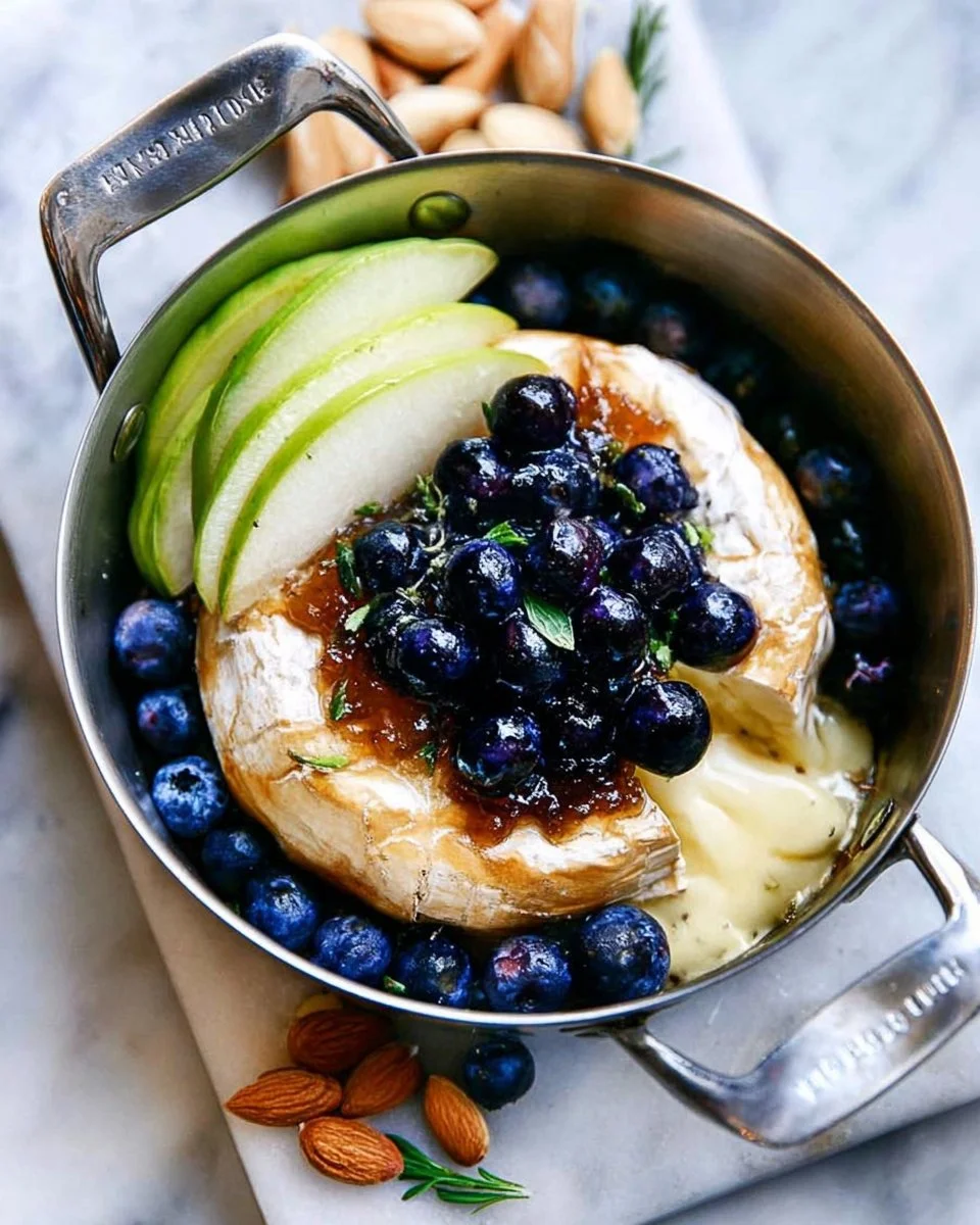 Baked brie with blueberries and lemon marmalade served on a wooden board