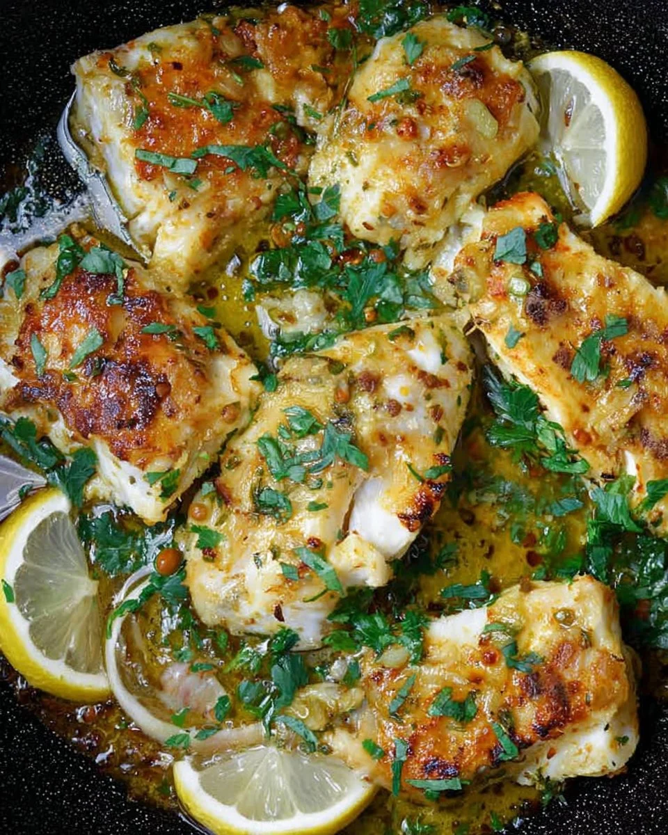 Baked cod fillets with lemon and garlic served on a plate