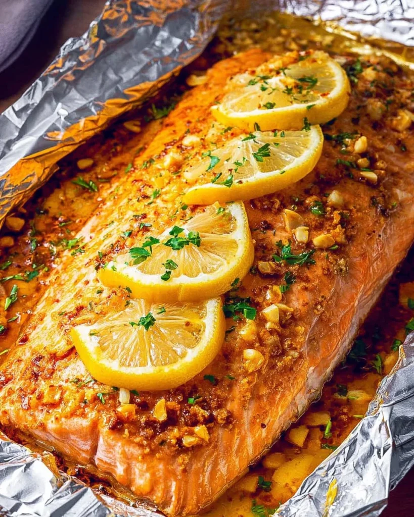 Baked lemon garlic salmon on a plate, garnished with lemon slices and herbs.