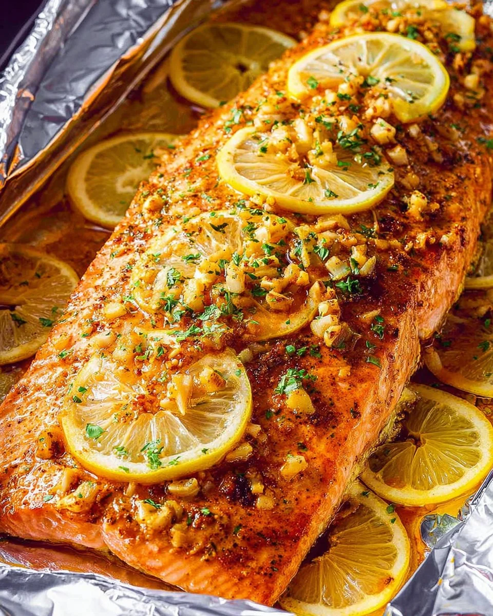 Baked lemon garlic salmon served on a plate with fresh herbs