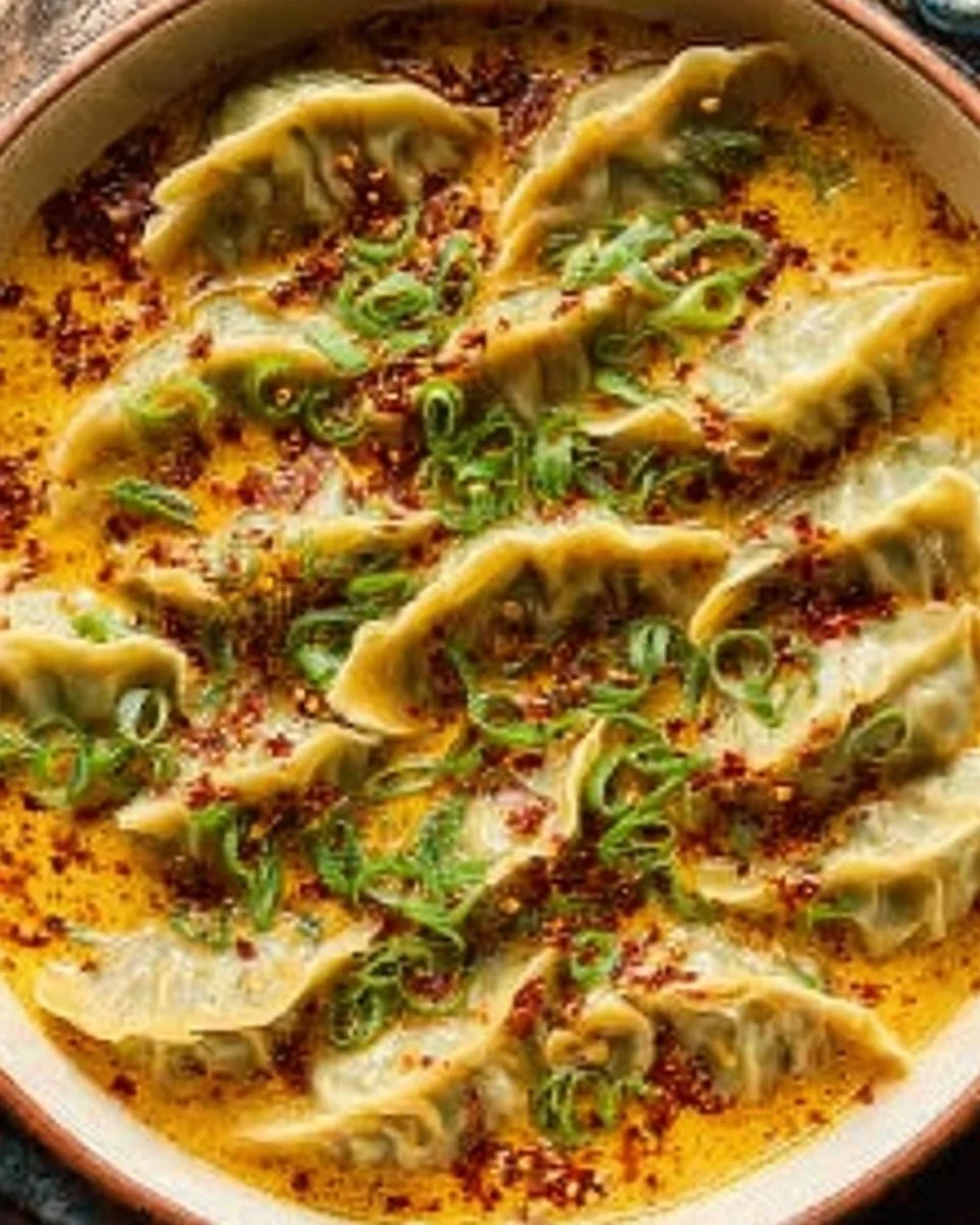 Baked potstickers served with Thai curry sauce on a plate