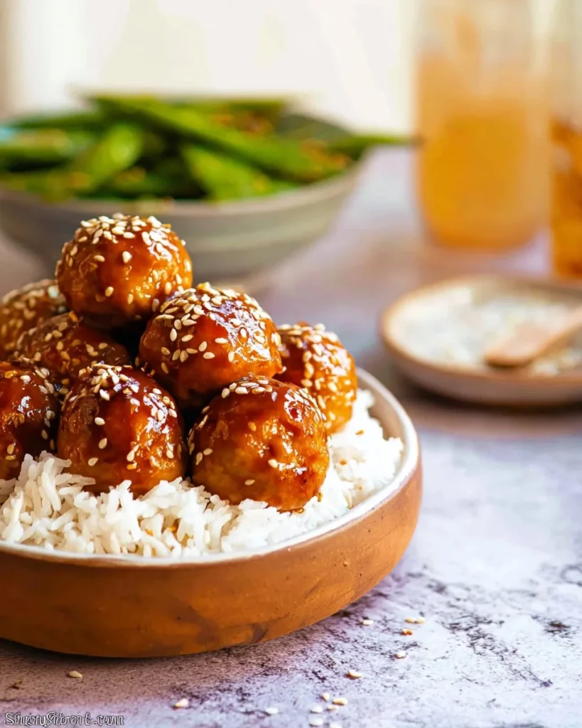 Baked teriyaki chicken meatballs on a plate with sauce and vegetables