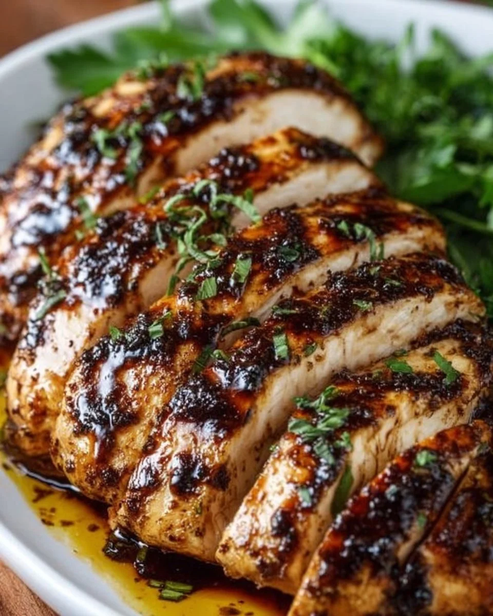 Delicious Balsamic Baked Chicken Breast with herbs ready to serve.