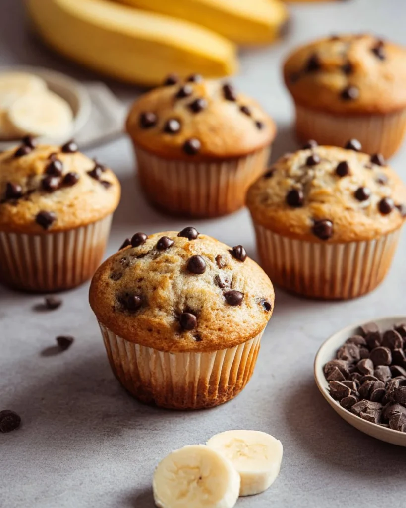 Freshly baked Banana Chocolate Chip Muffins on a cooling rack