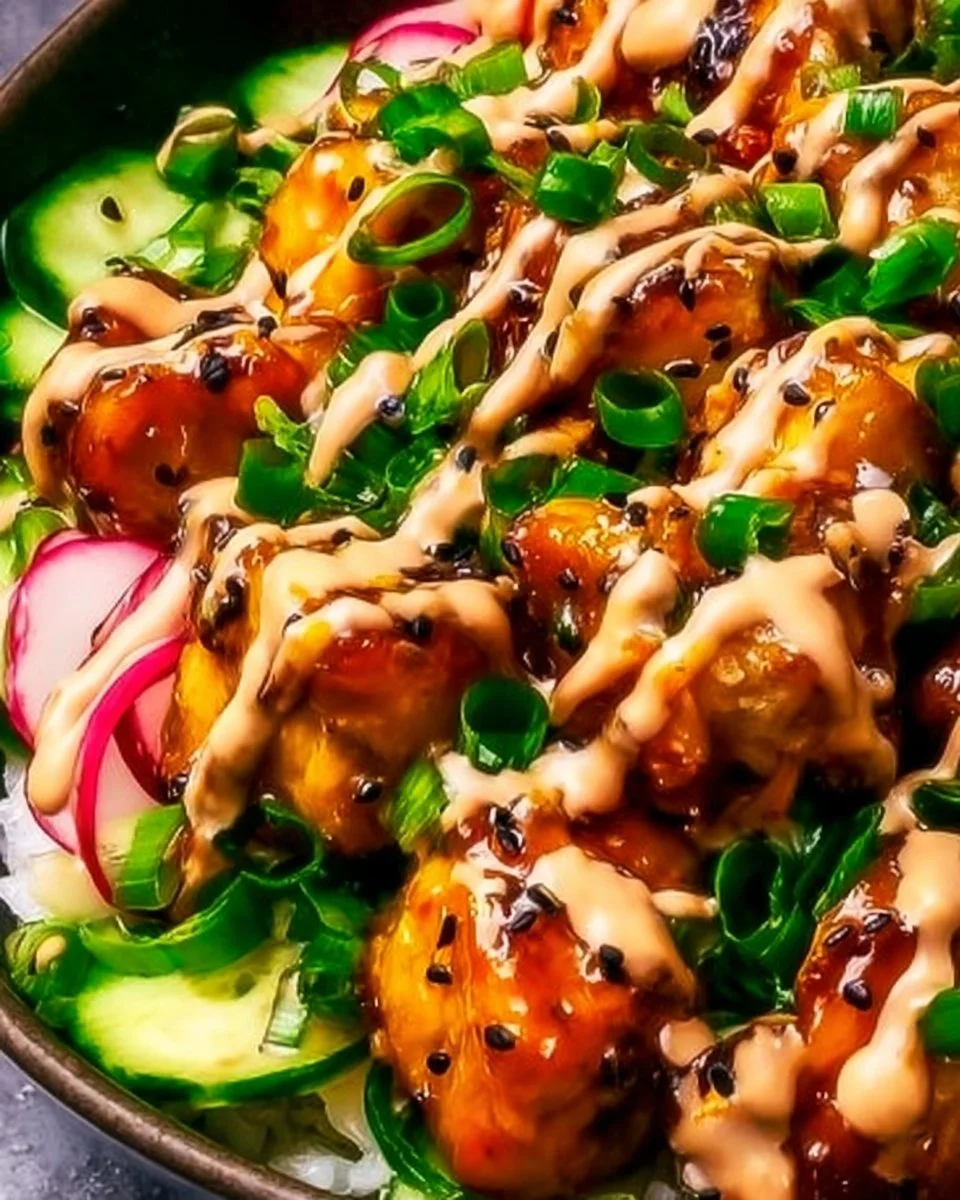 Delicious Bang Bang Chicken Bowl packed with protein, perfect for families.