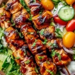 BBQ chicken skewer salad with grilled chicken and fresh vegetables