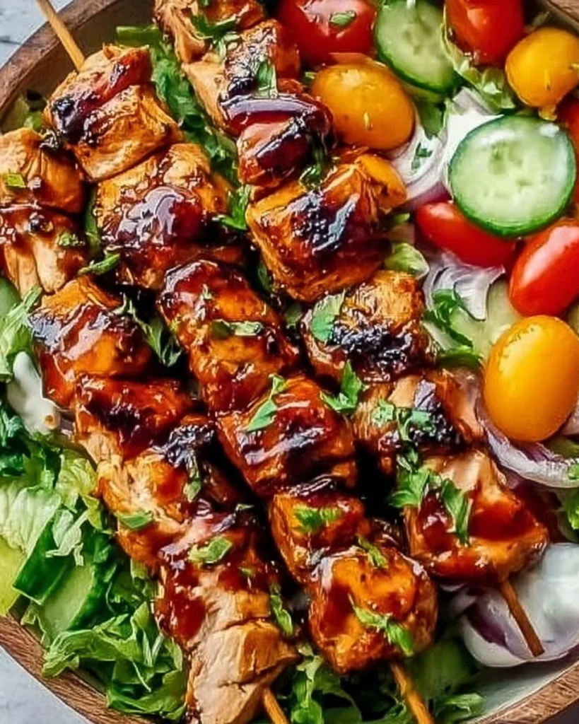 BBQ chicken skewer salad with grilled chicken and fresh vegetables