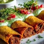 Plate of beef taquitos served with avocado sauce on the side