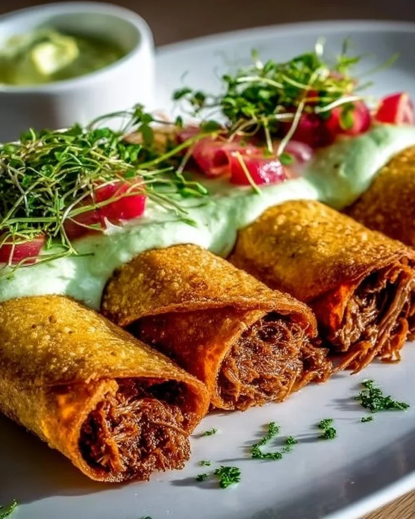 Plate of beef taquitos served with avocado sauce on the side
