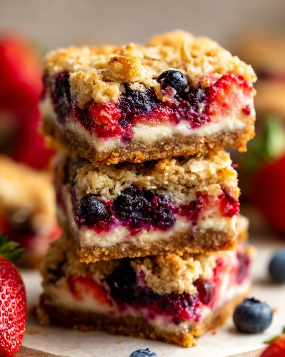 Delicious berry oatmeal cheesecake cookie bars recipe with creamy cheesecake layer