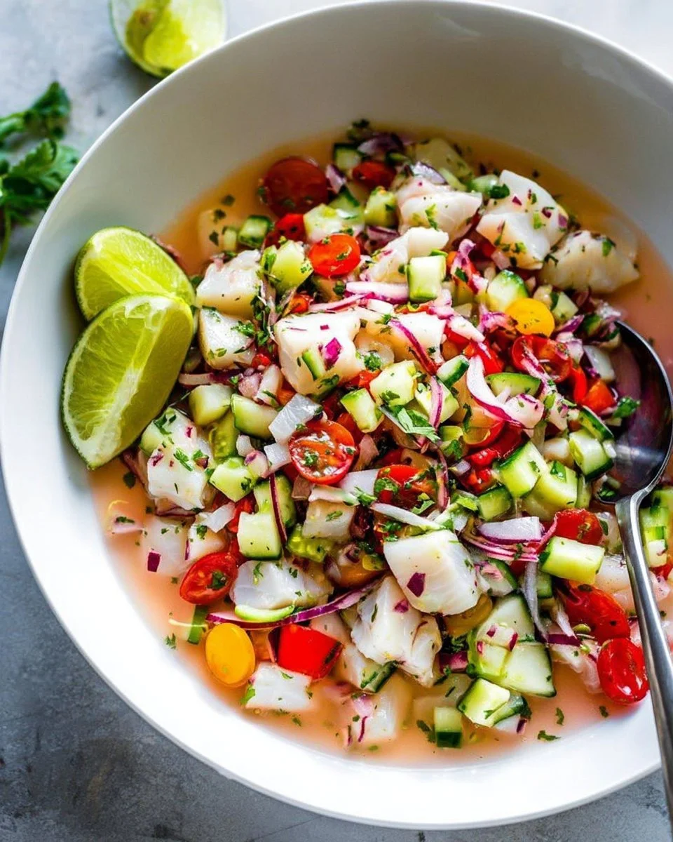 Fresh ceviche with vibrant ingredients and a tangy citrus dressing