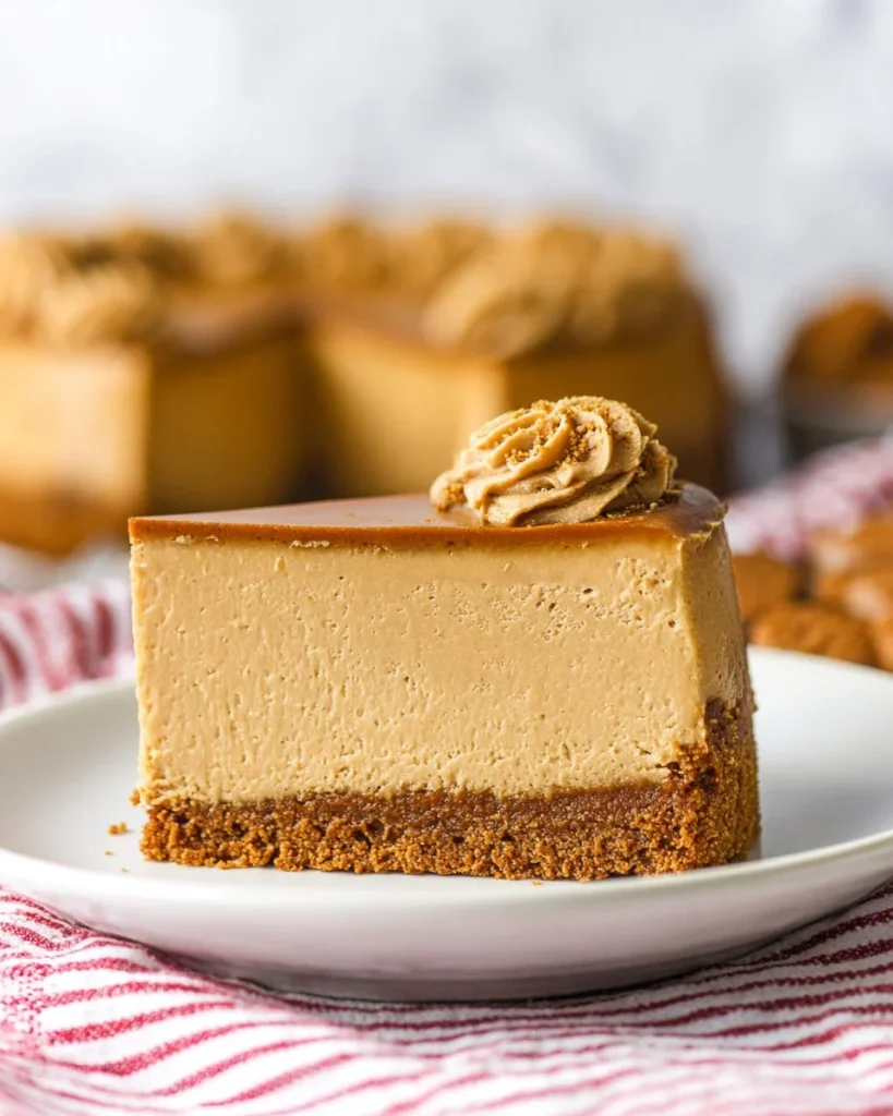 Delicious Biscoff cheesecake slice topped with cookie crumbs