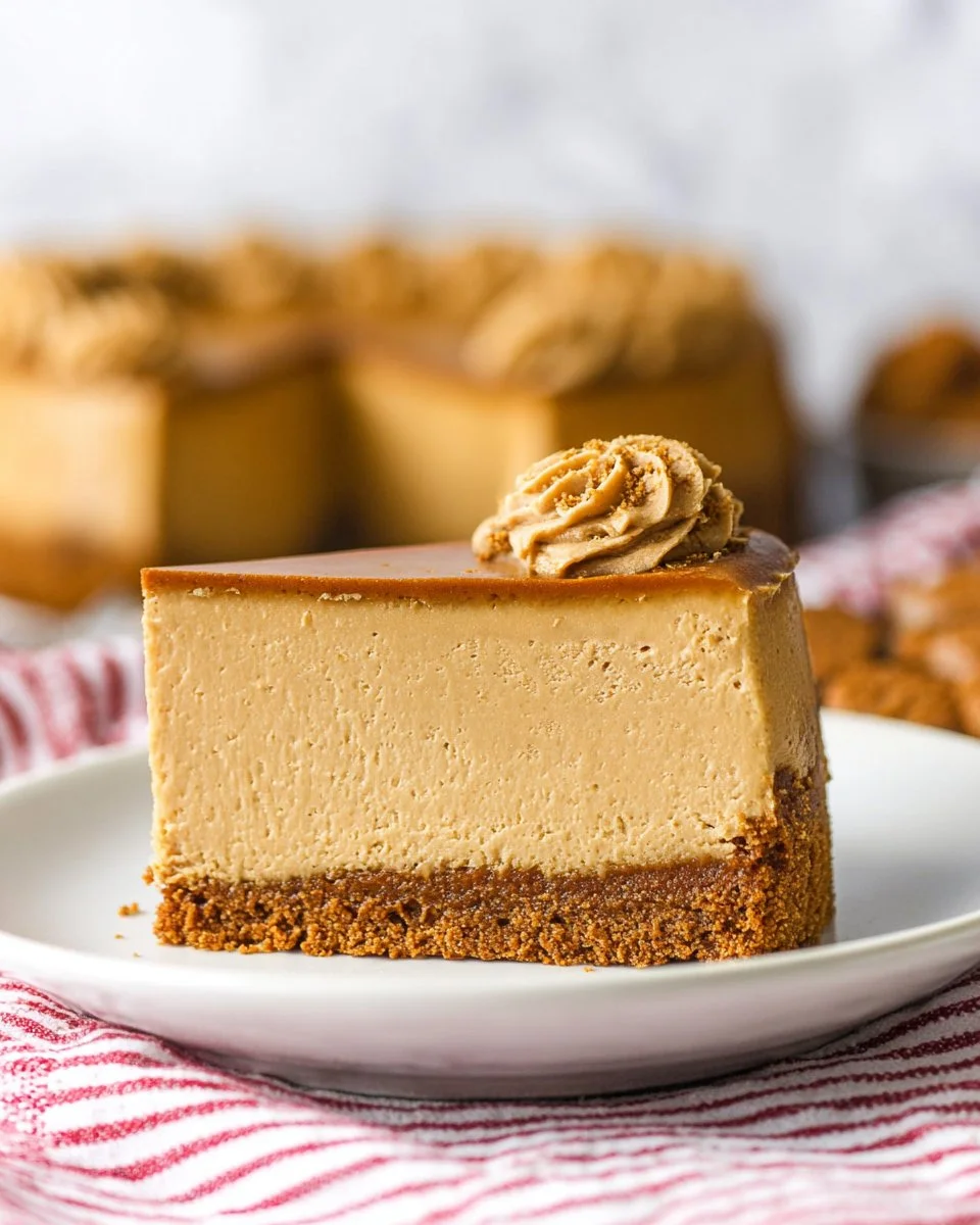 Delicious Biscoff cheesecake slice topped with cookie crumbs