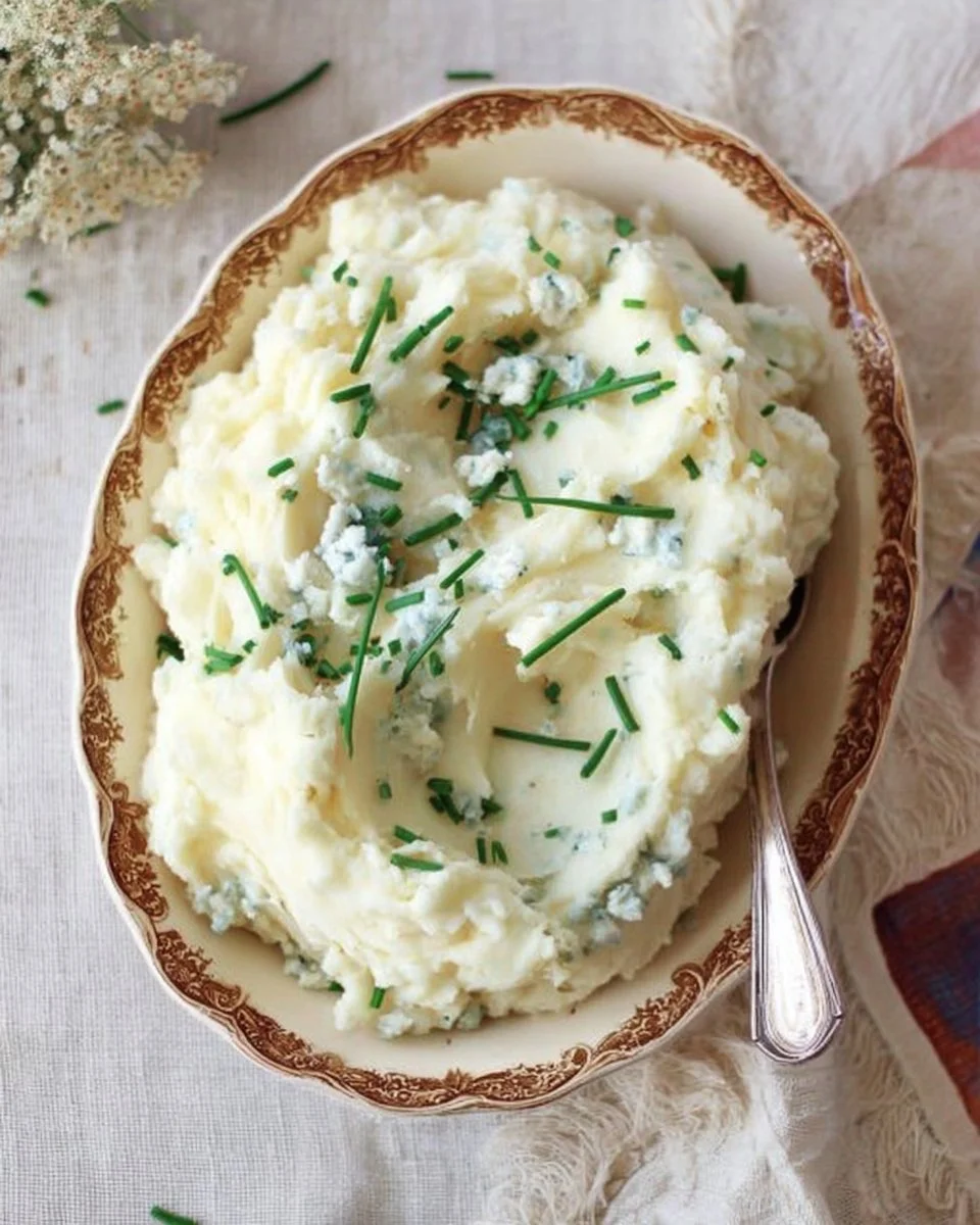 Delicious blue cheese mashed potatoes served in a bowl