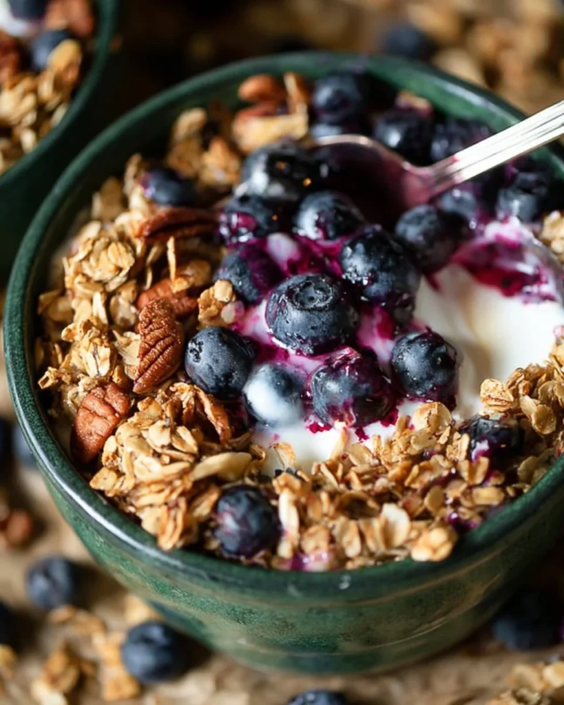 Blueberry granola bowls topped with fresh blueberries and yogurt