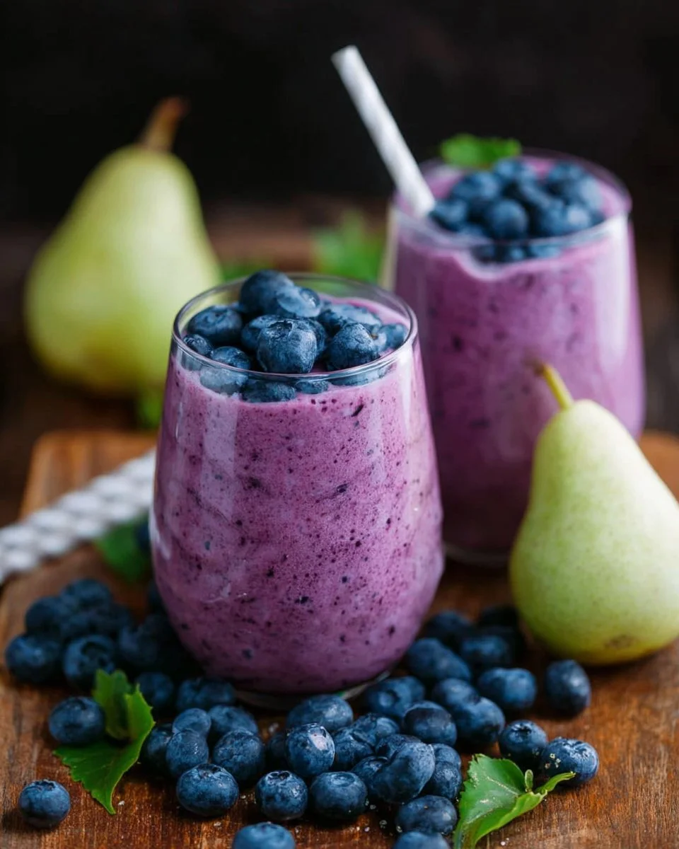 Blueberry pear smoothie in a glass with fresh fruits on a wooden table