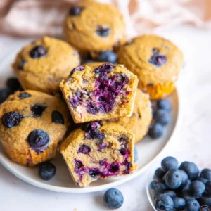 Blueberry protein muffins baked with fresh blueberries and protein powder