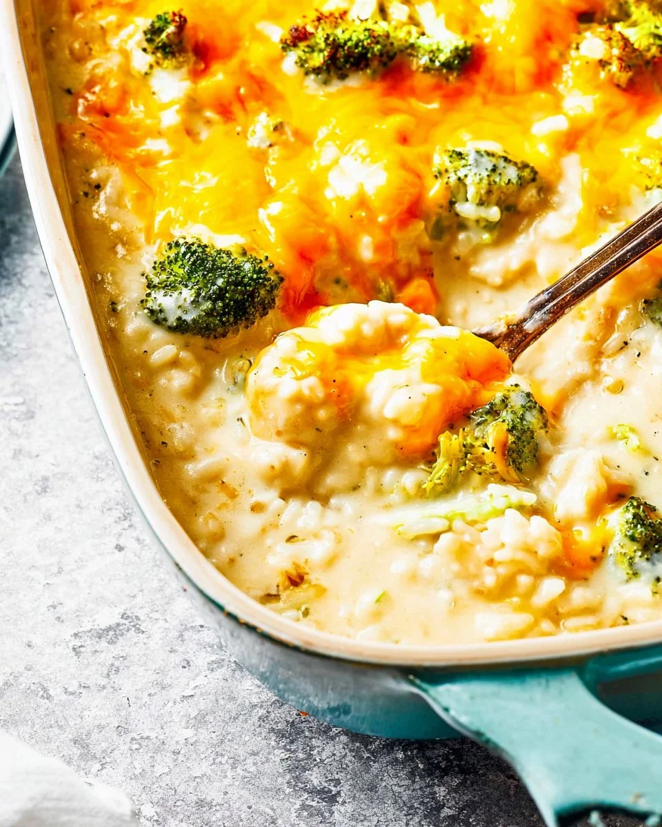 Creamy broccoli rice casserole topped with cheese in a baking dish