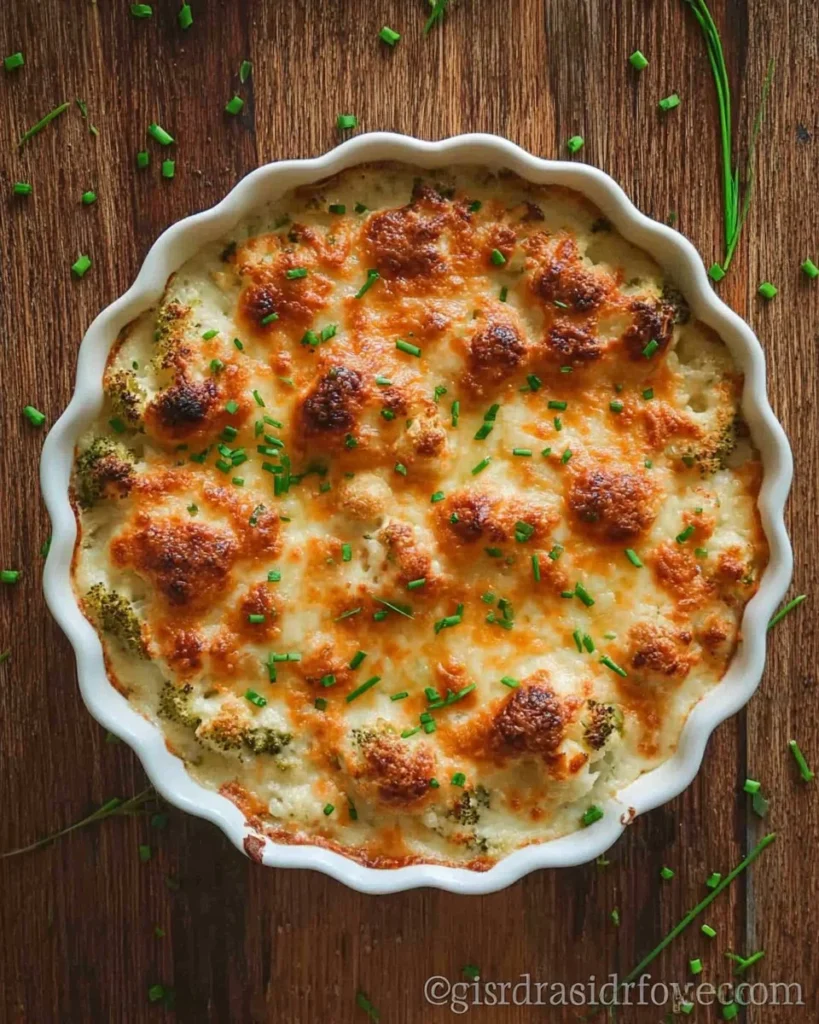 Creamy Broccoli Cauliflower Bake topped with cheese, baked to perfection.