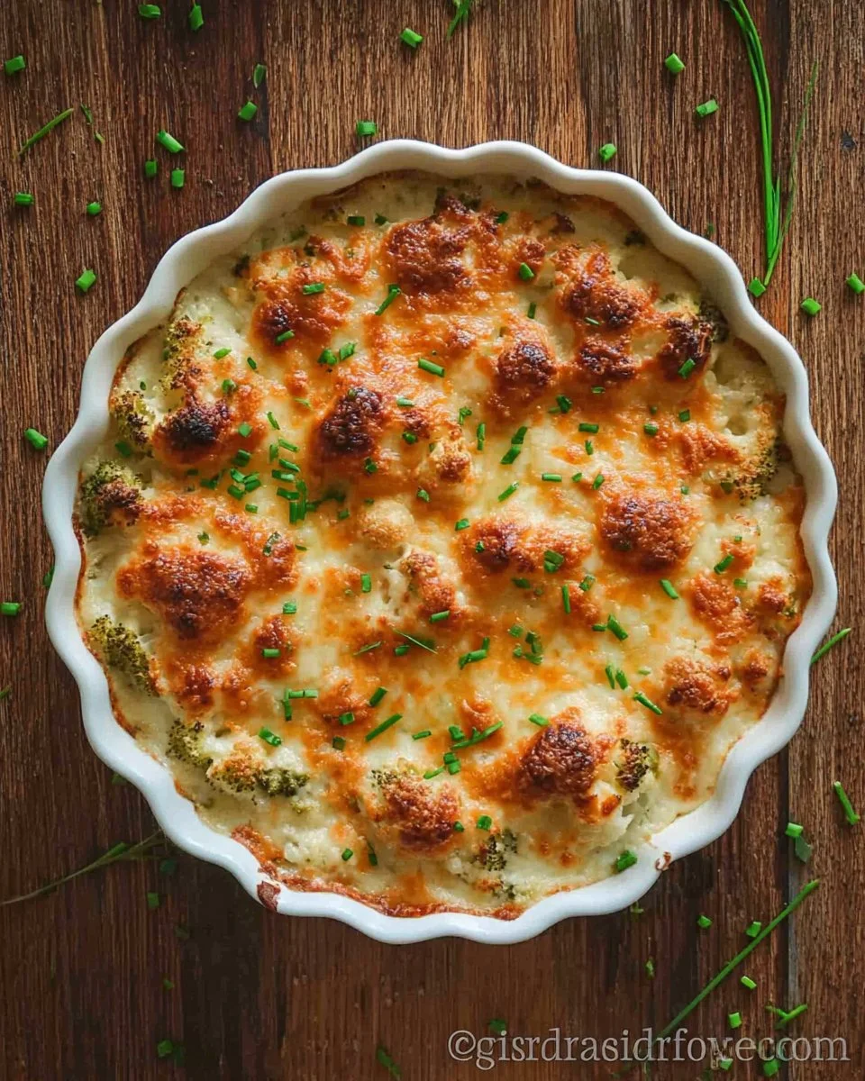 Creamy Broccoli Cauliflower Bake topped with cheese, baked to perfection.