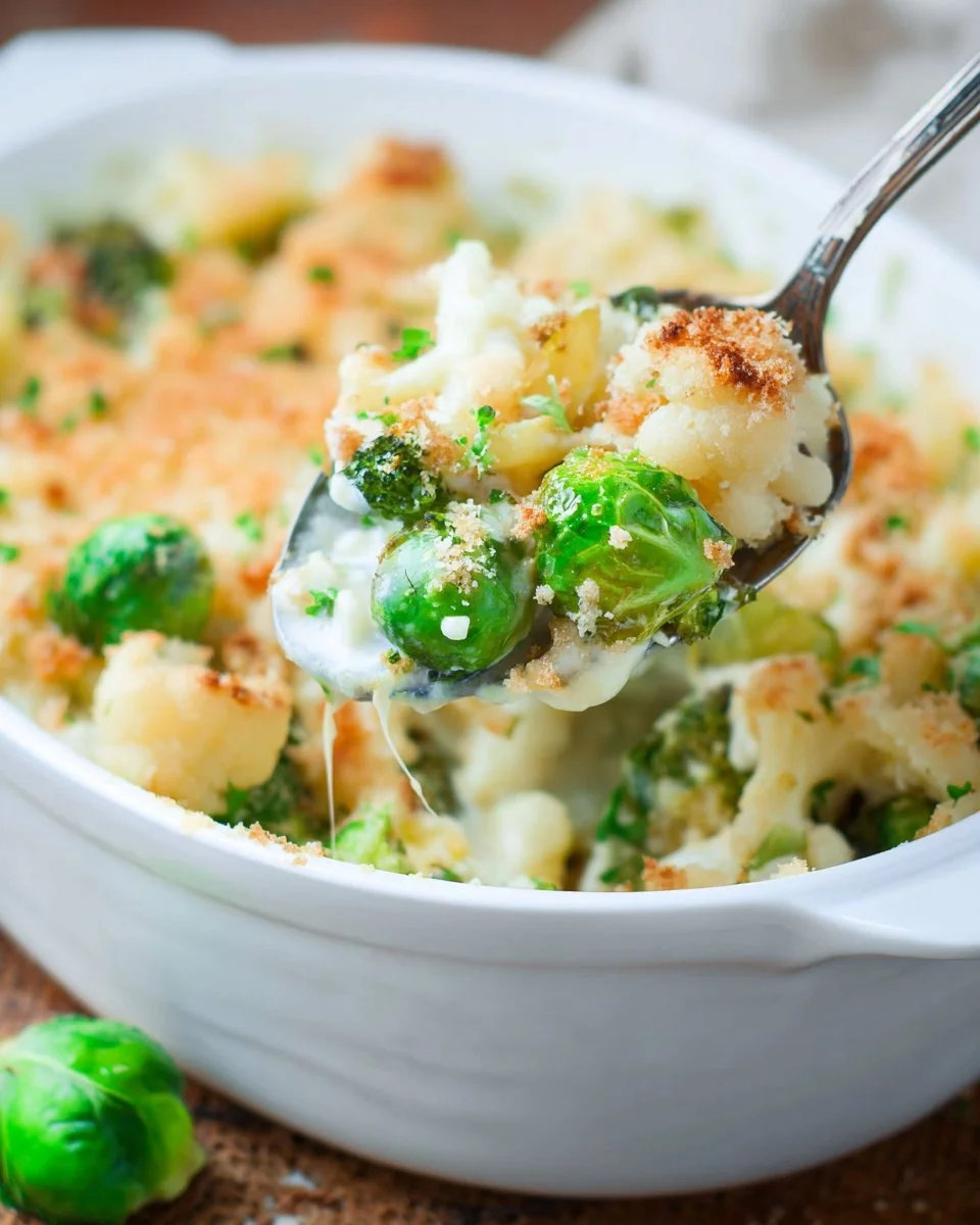 Broccoli Cauliflower Brussels Sprout Gratin served in a dish