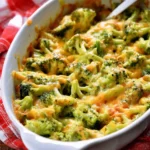Delicious broccoli cheese casserole topped with cheesy goodness and breadcrumbs.