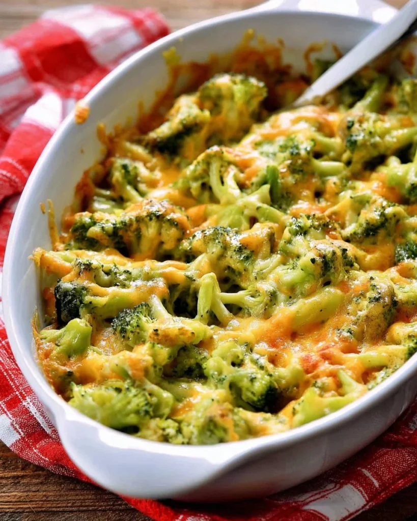 Delicious broccoli cheese casserole topped with cheesy goodness and breadcrumbs.