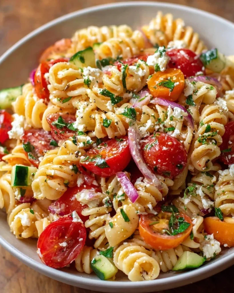 Delicious Bruschetta Pasta Salad with tomatoes and creamy dressing on a plate.