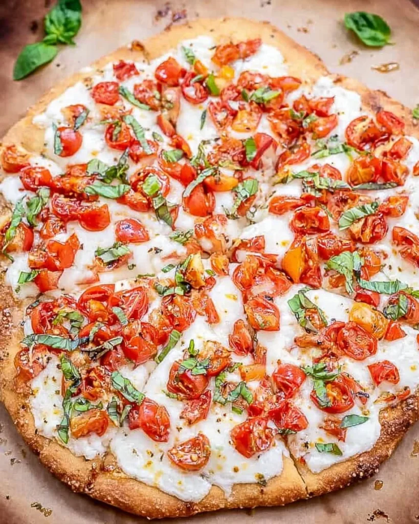 Delicious bruschetta pizza topped with fresh tomatoes, basil, and cheese